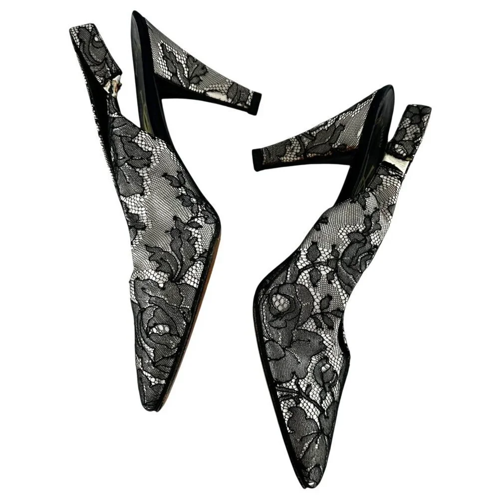 Vintage YSL Black Lace Slingback Pumps Size 7.5 Yves St Laurent